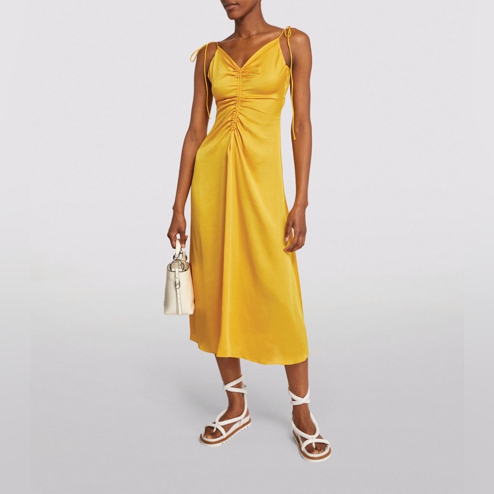 Sandro Yellow Ruched Satin Midi Dress